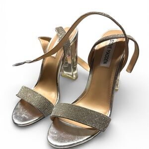 Steve Madden Silver Rhinestone Sparkly Strappy Shoes Transparent Heel
